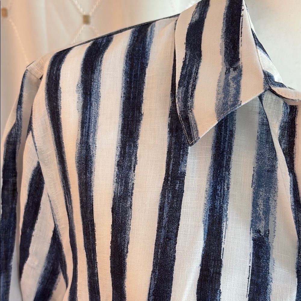 CHICOS LINEN Striped Blue and White button down top - Picture 3 of 7